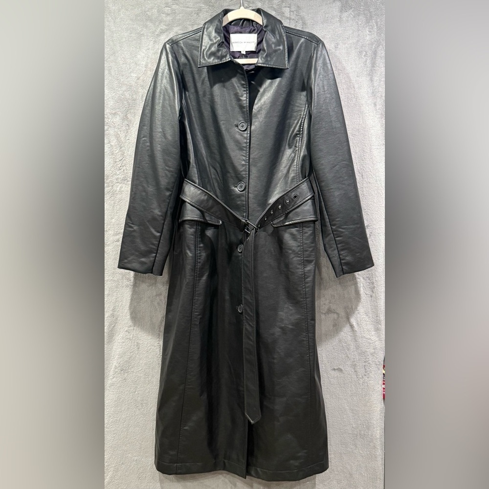 Rebecca Minkoff Black Faux Leather‎ Belted Long Trench Coat With Pockets Size M